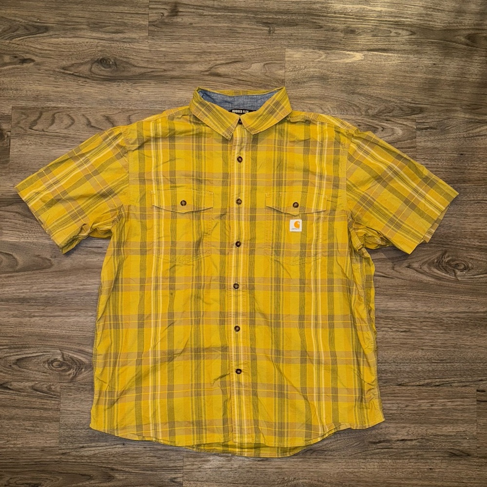 Carhartt Rugged Flex Shirt Mens XL Yellow Plaid Relaxed Fit Work Casual Stretch